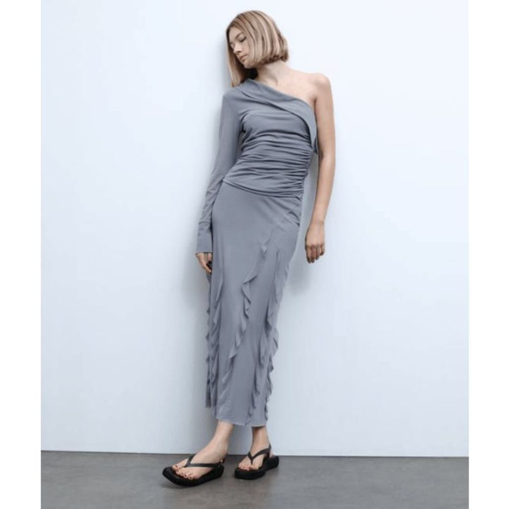 ZARA RUFFLED TULLE SKIRT in Mid-Grey Size S NWT